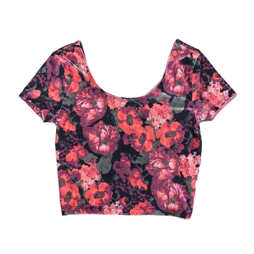 Garage Floral Velour Crop‎ Top Women’s Small Black Pink Coral Short Sleeve